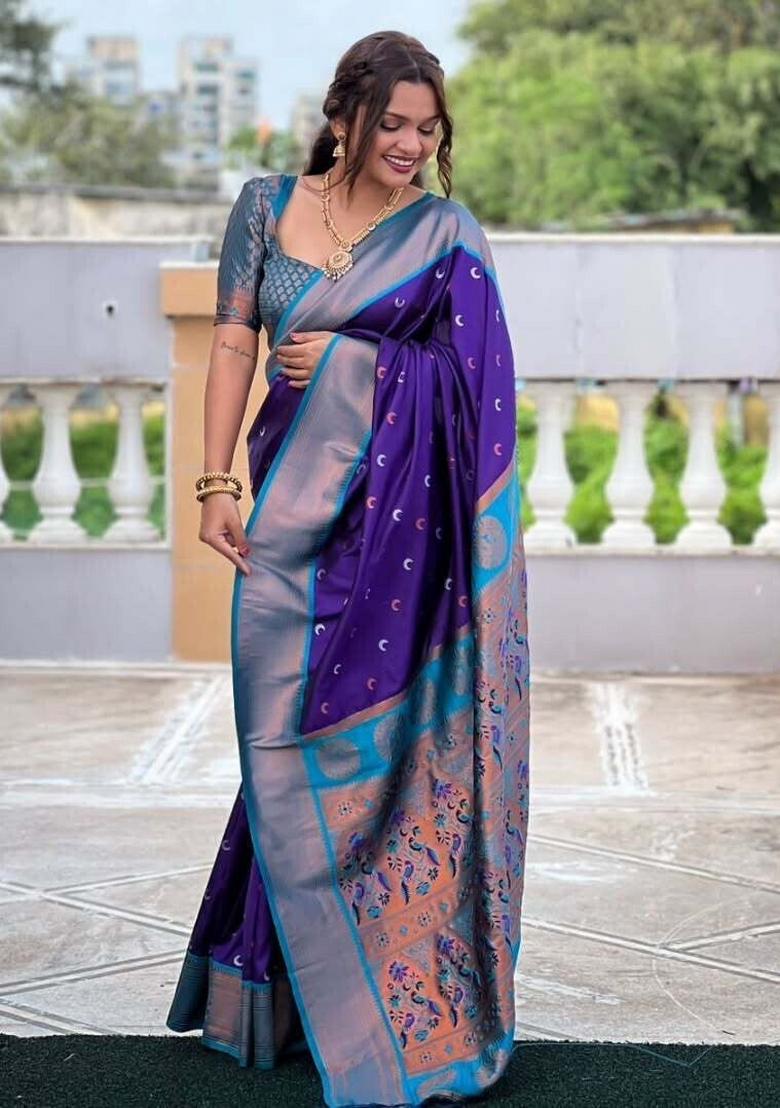 Light Blue And Purple Woven Silk Sarees - Indya
