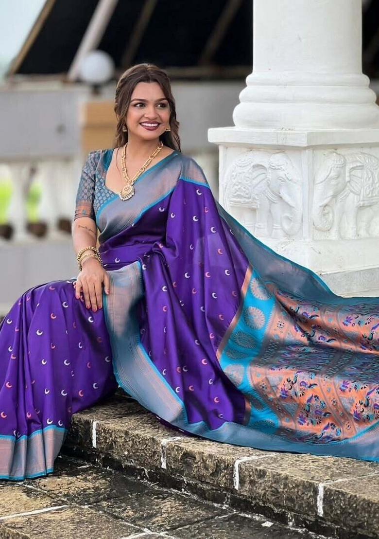 Light Blue And Purple Woven Silk Sarees - Indya