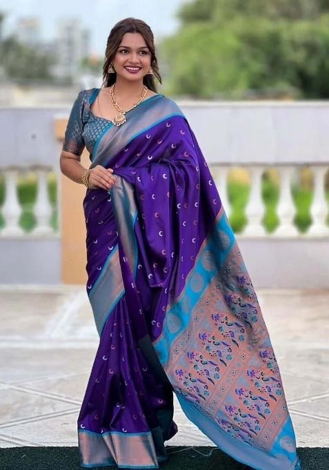 Light Blue And Purple Woven Silk Sarees