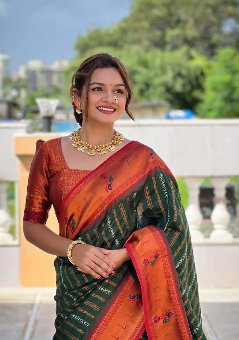 Green And Red Woven Silk Sarees - Indya