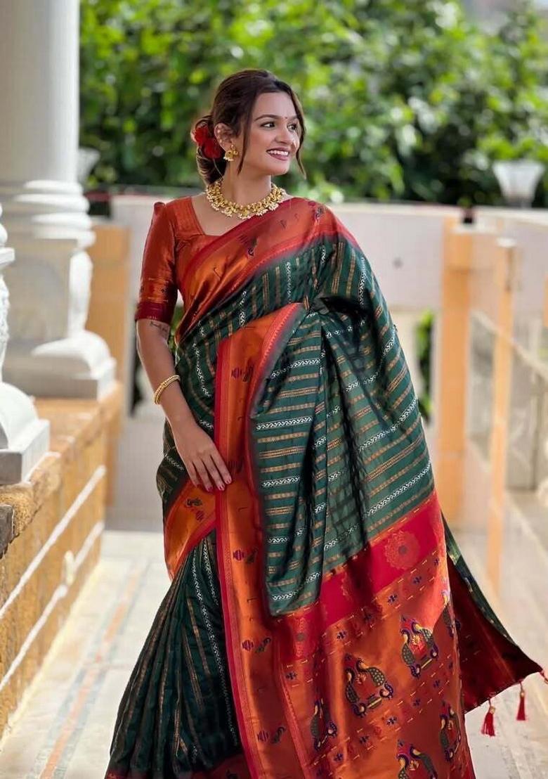 Green And Red Woven Silk Sarees - Indya