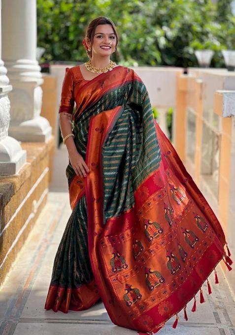 Green And Red Woven Silk Sarees