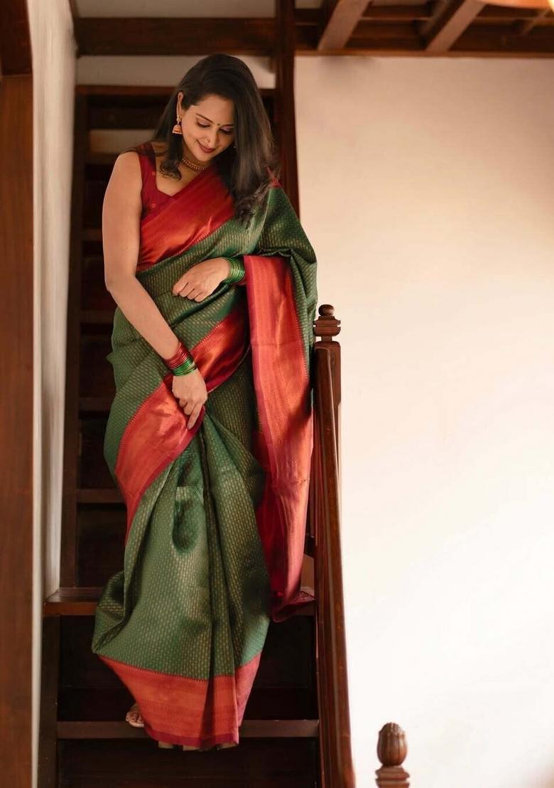 Green And Red Woven Silk Sarees - Indya