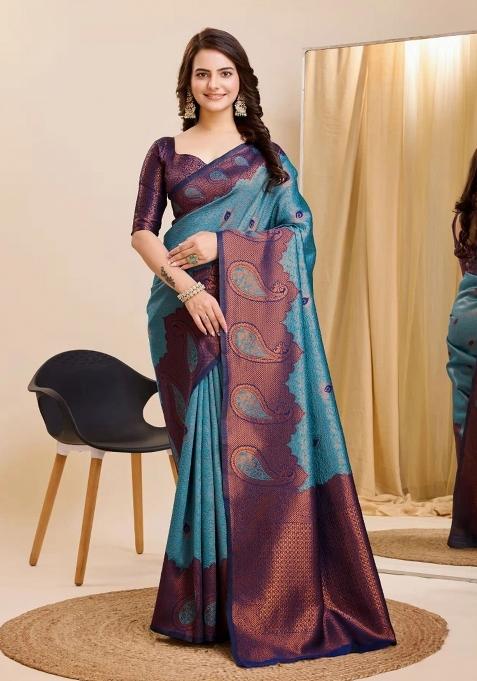 Maroon And Blue Woven Silk Sarees