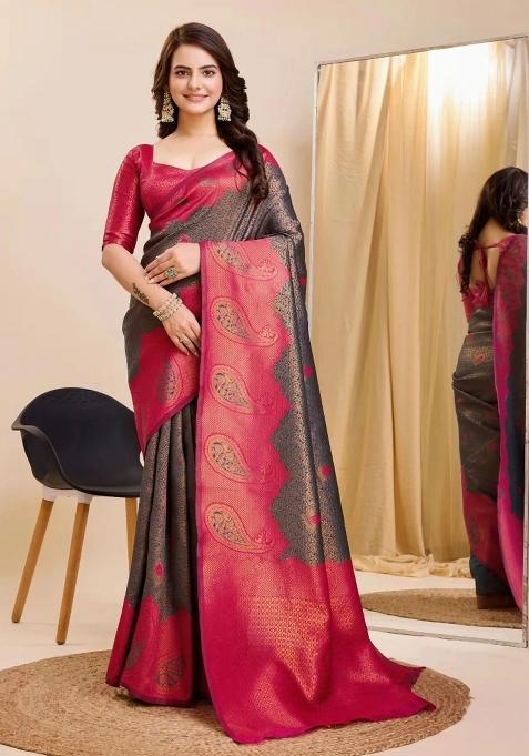 Grey And Pink Woven Silk Sarees