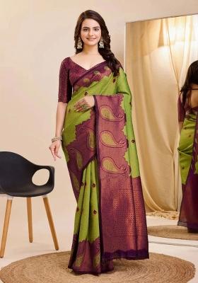 Light Green And Purple Woven Silk Sarees