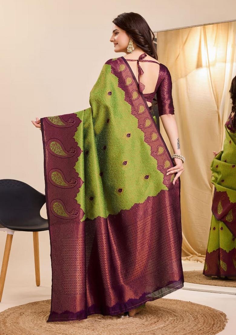 Light Green And Purple Woven Silk Sarees - Indya