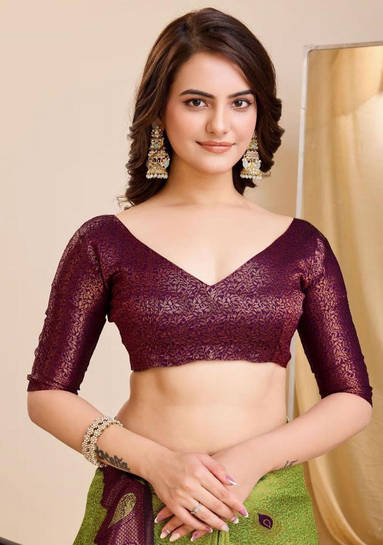 Light Green And Purple Woven Silk Sarees - Indya