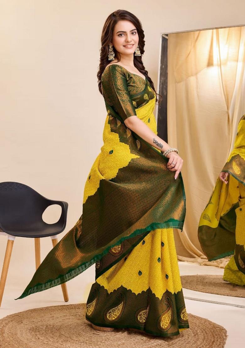 Yellow And Green Woven Silk Sarees - Indya