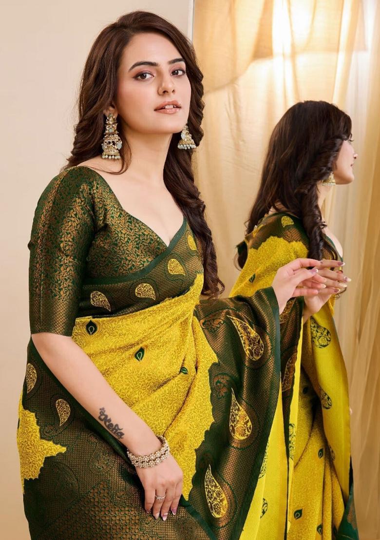 Yellow And Green Woven Silk Sarees - Indya