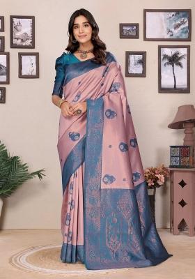 Pink And Light Blue Woven Silk Sarees