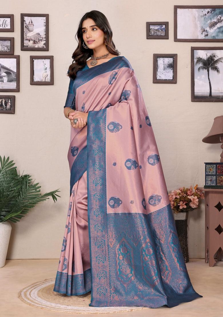 Pink And Light Blue Woven Silk Sarees - Indya