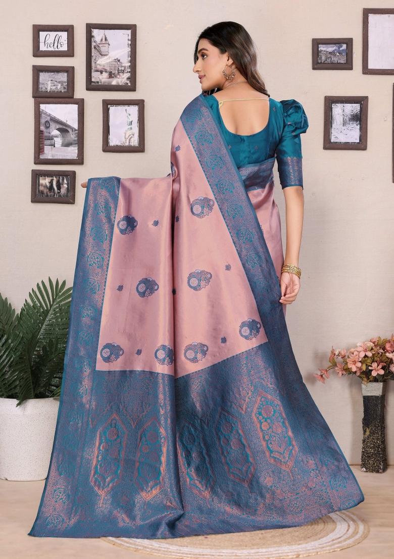 Pink And Light Blue Woven Silk Sarees - Indya