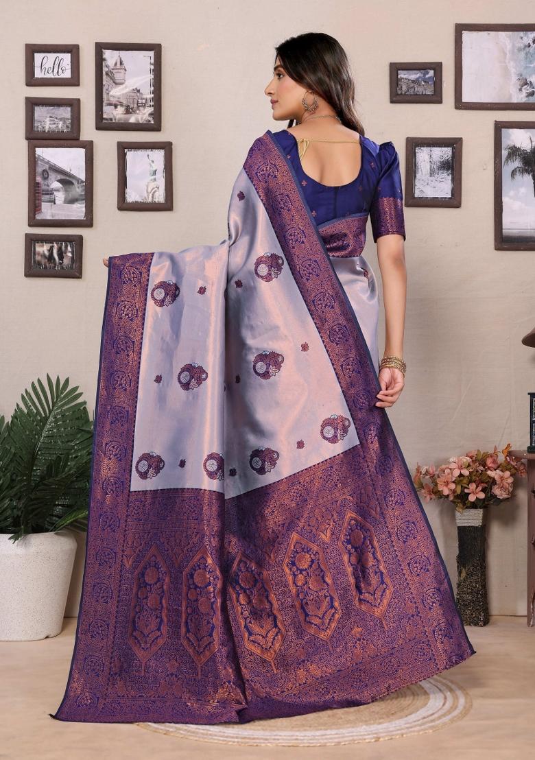 Dark Blue And Purple Woven Silk Sarees - Indya