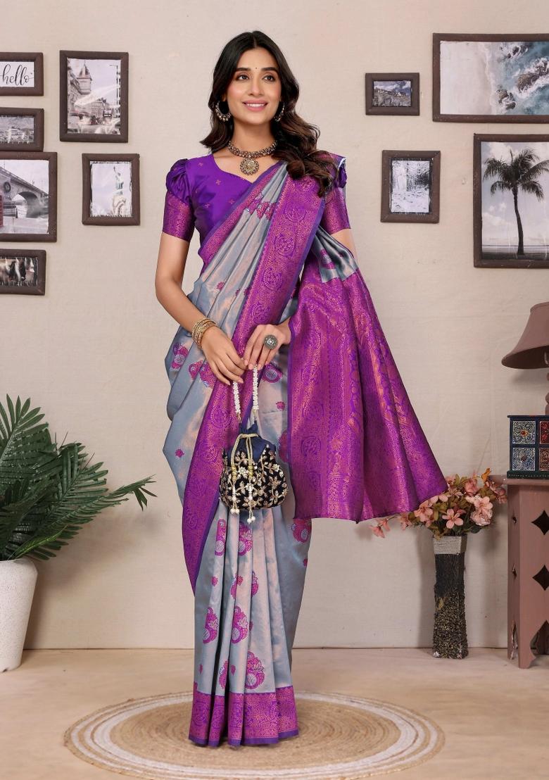 Light Blue And Purple Woven Silk Sarees - Indya