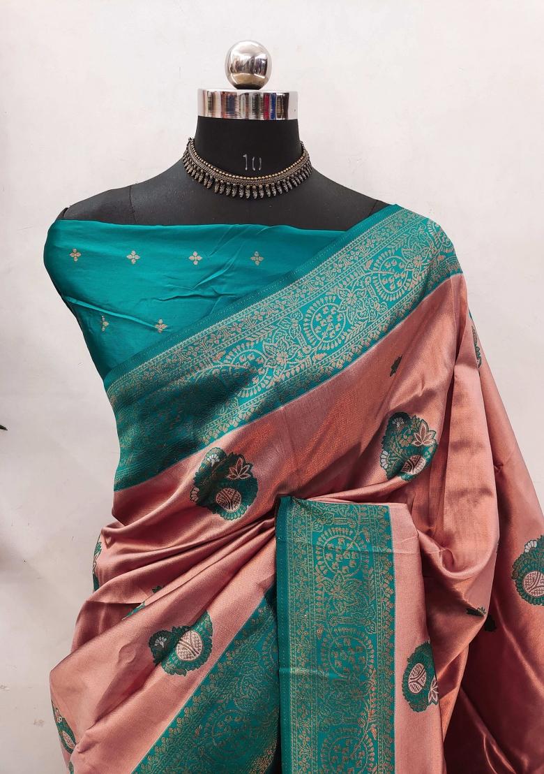 Pink And Green Woven Silk Sarees - Indya