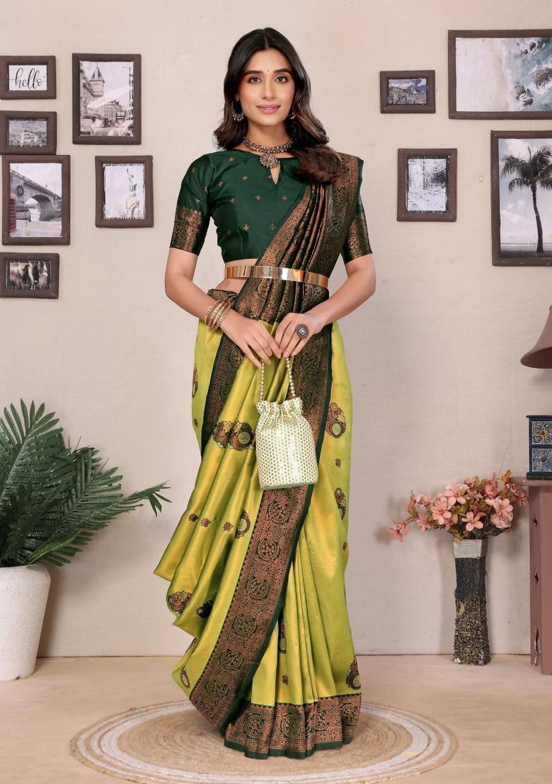 Light Green And Green Woven Silk Sarees - Indya