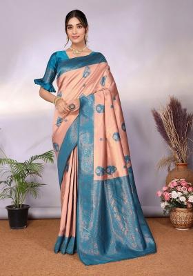 Pink And Light Blue Woven Silk Sarees