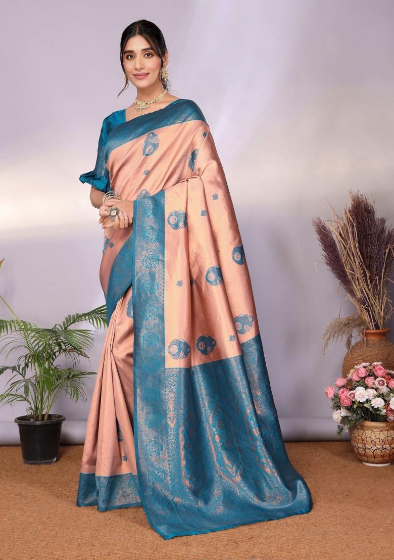 Pink And Light Blue Woven Silk Sarees - Indya