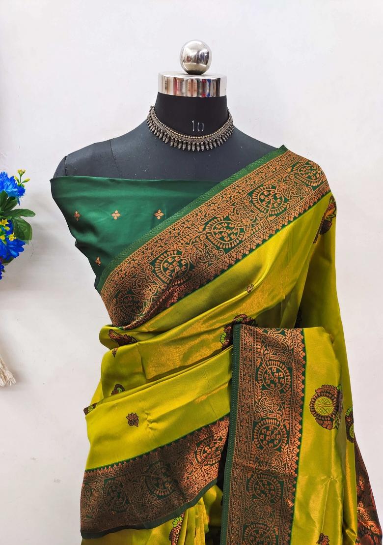 Light Green And Green Woven Silk Sarees - Indya