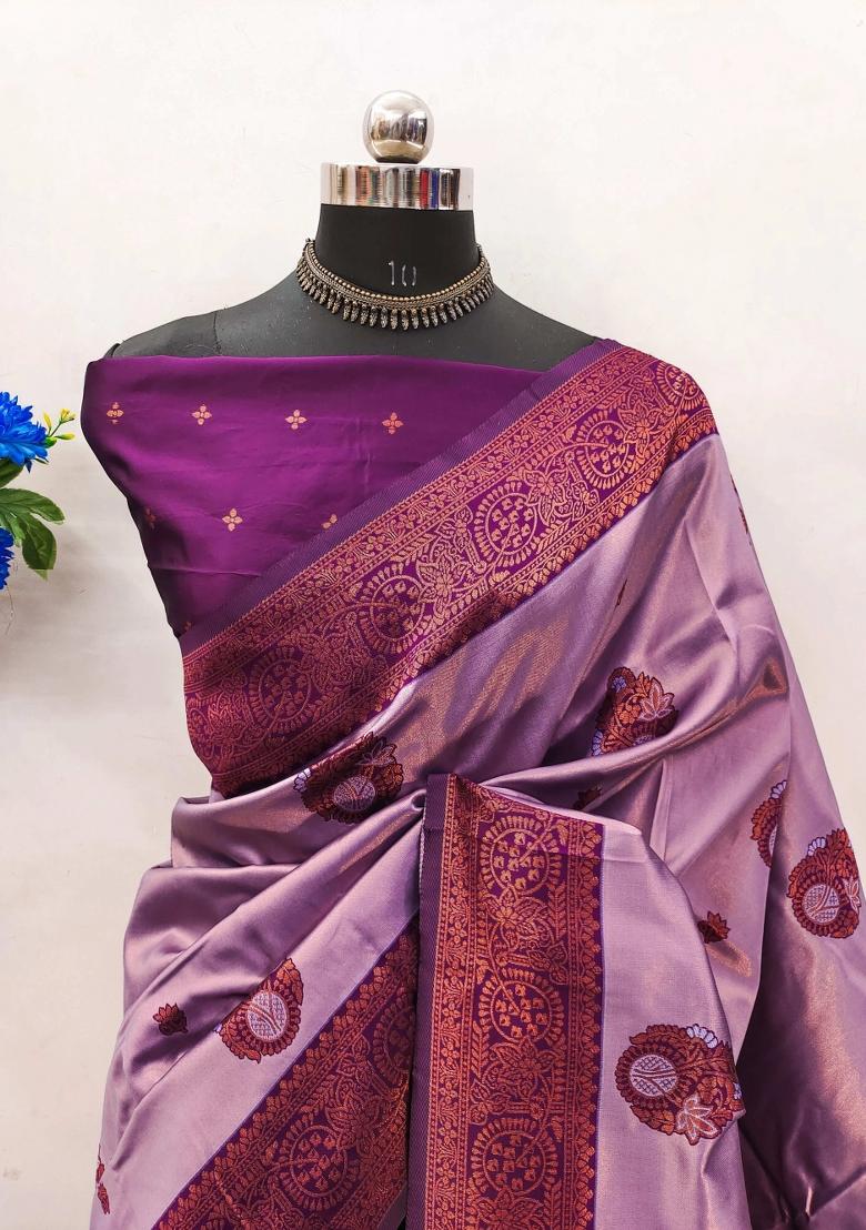 Purple Woven Silk Sarees - Indya