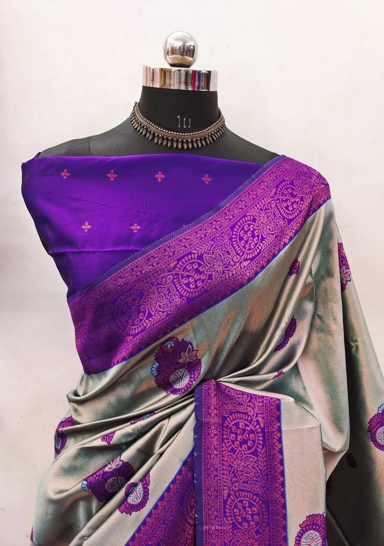 Blue And Purple Woven Silk Sarees - Indya