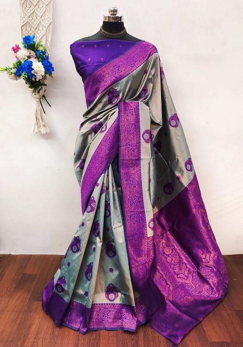 Blue And Purple Woven Silk Sarees