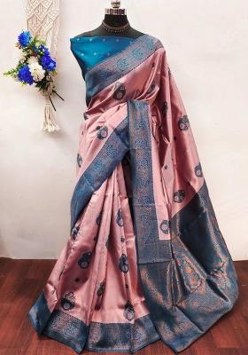Pink And Light Blue Woven Silk Sarees