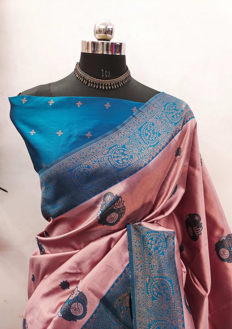 Pink And Light Blue Woven Silk Sarees - Indya
