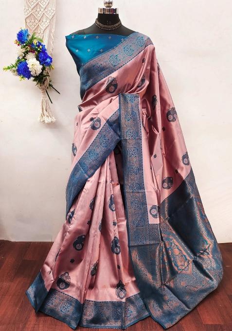 Pink And Light Blue Woven Silk Sarees
