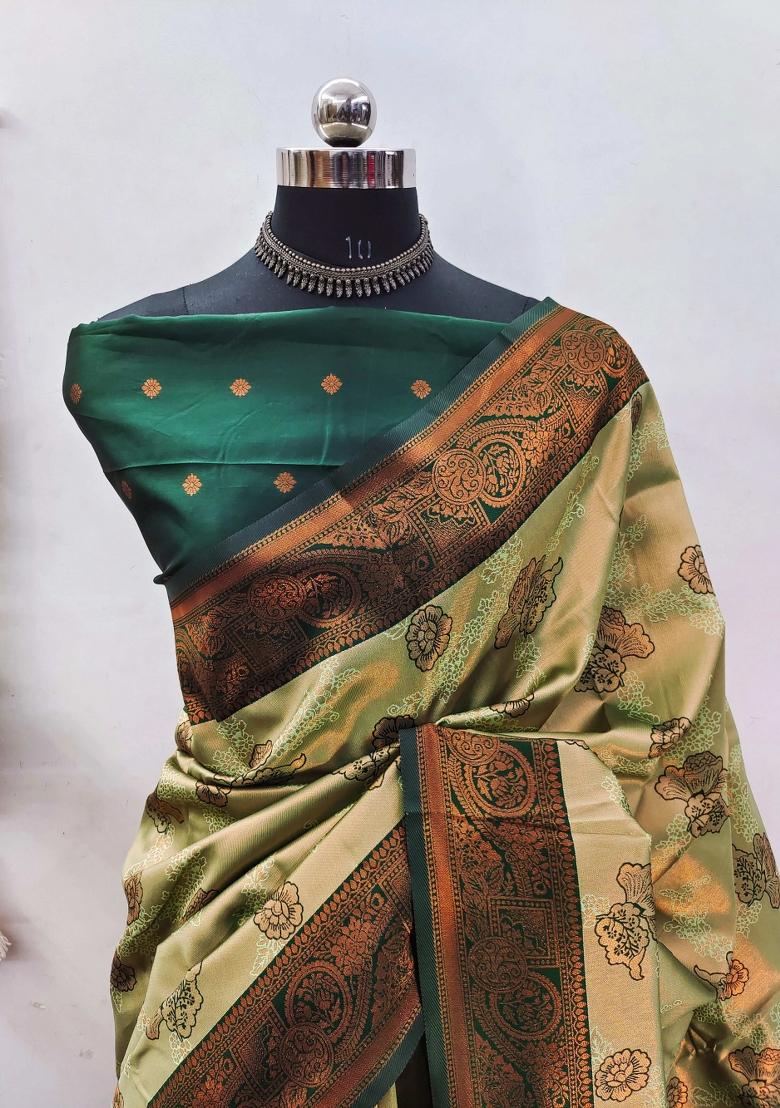 Light Green And Green Woven Silk Sarees - Indya