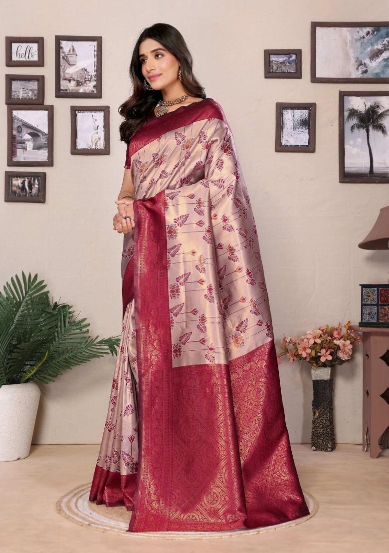 Cream And Maroon Woven Silk Sarees - Indya