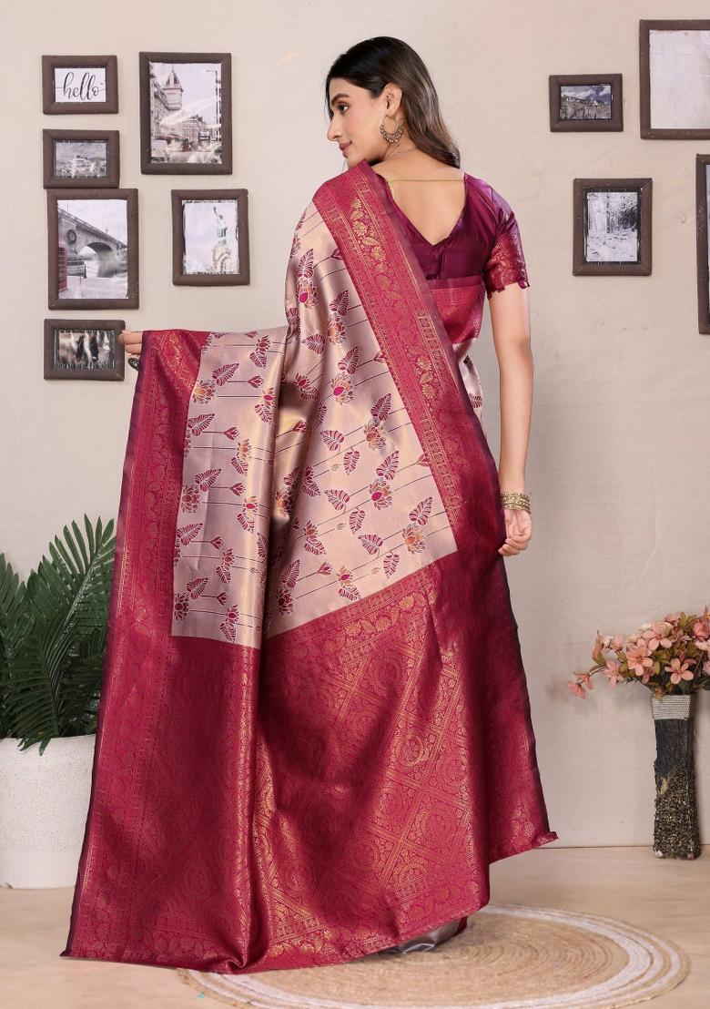 Cream And Maroon Woven Silk Sarees - Indya