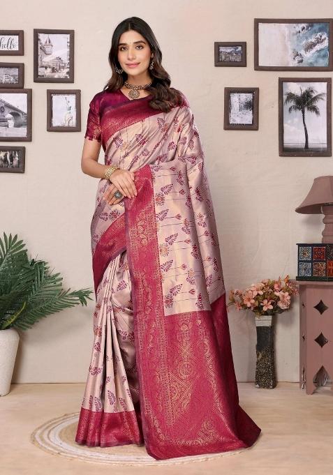 Cream And Maroon Woven Silk Sarees