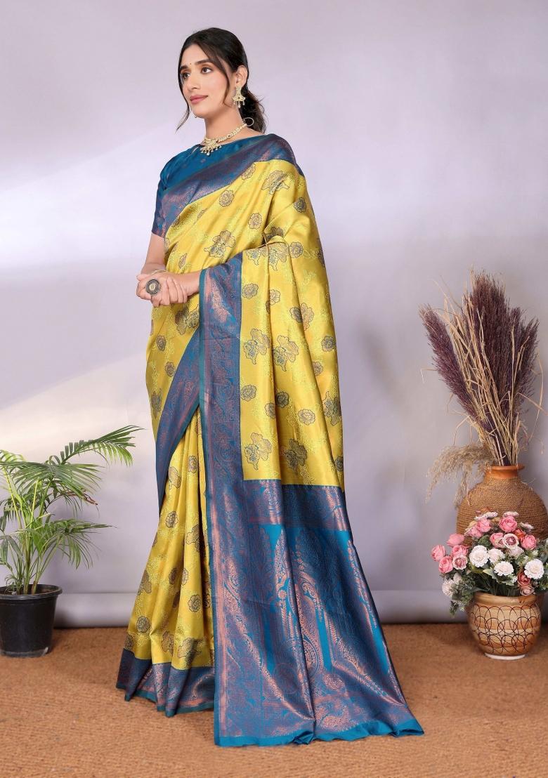 Light Green And Light Blue Woven Silk Sarees - Indya