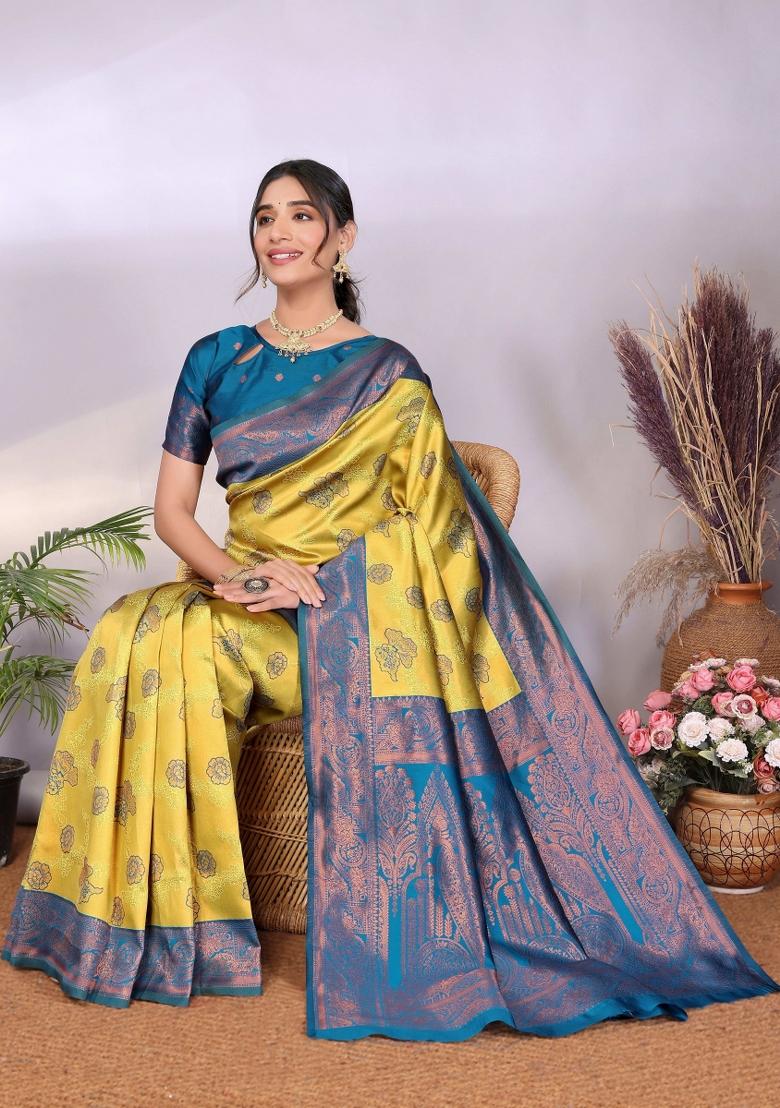 Light Green And Light Blue Woven Silk Sarees - Indya