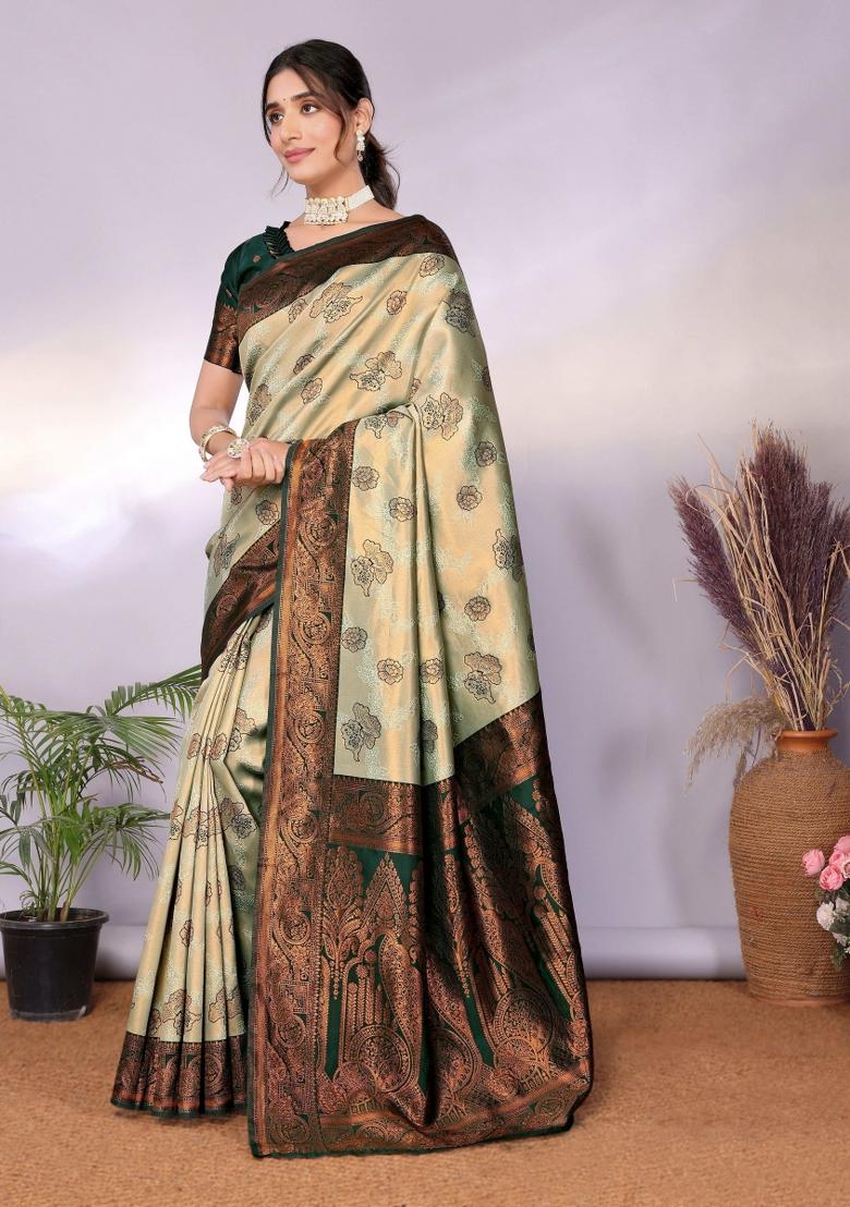 Light Green And Green Woven Silk Sarees - Indya