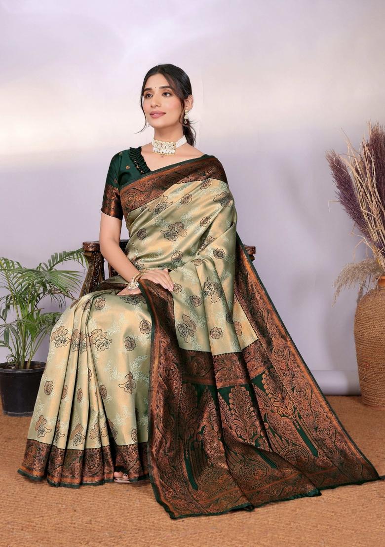 Light Green And Green Woven Silk Sarees - Indya