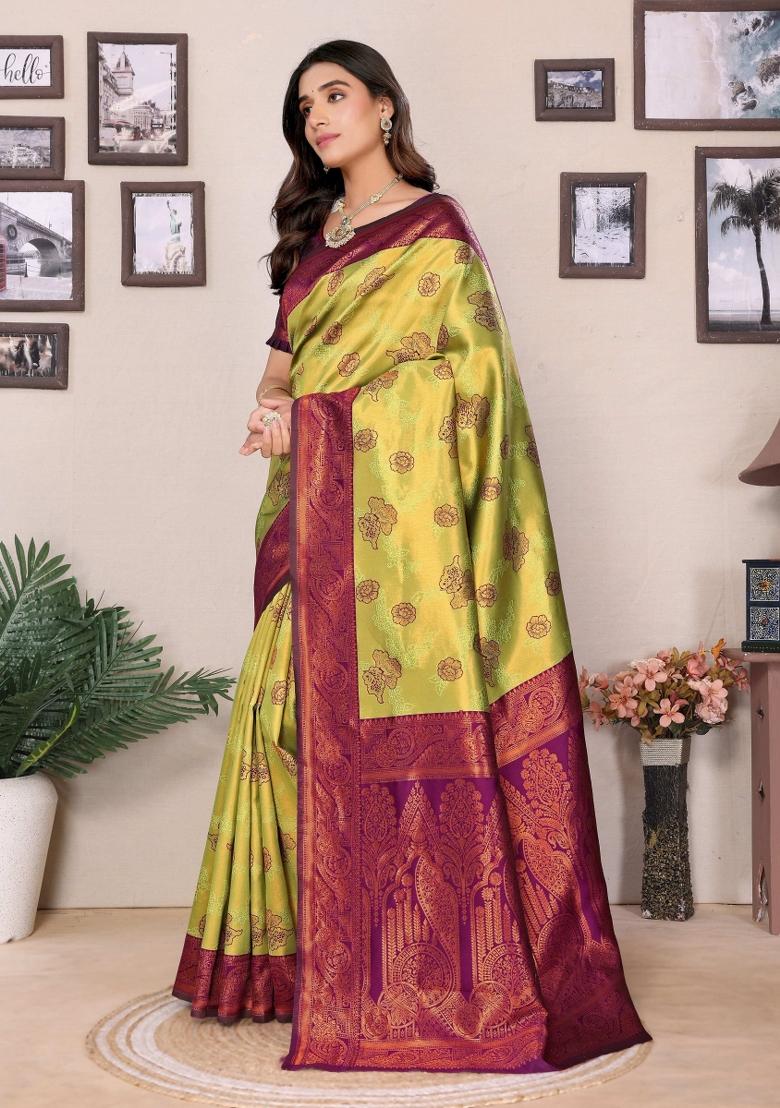 Light Green And Purple Woven Silk Sarees - Indya