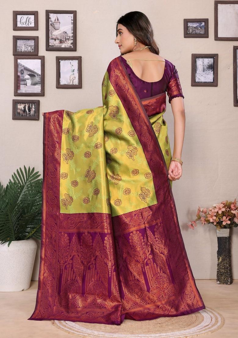 Light Green And Purple Woven Silk Sarees - Indya