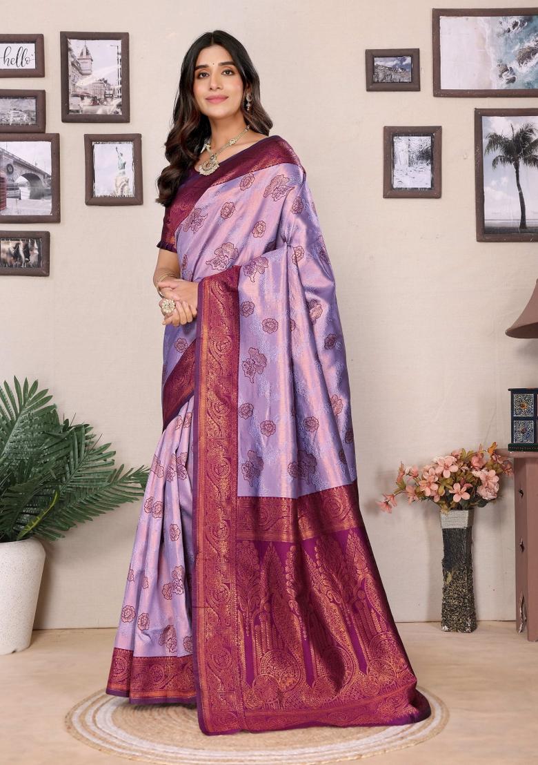 Purple Woven Silk Sarees - Indya
