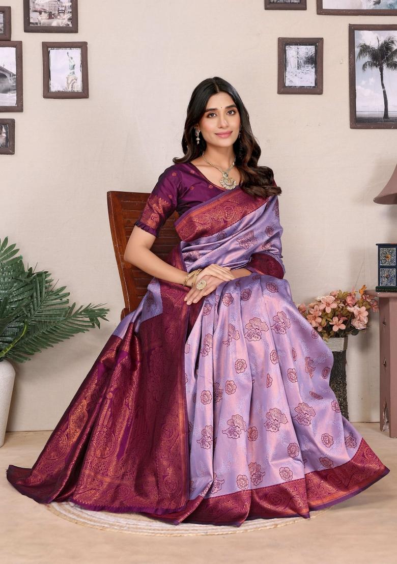 Purple Woven Silk Sarees - Indya