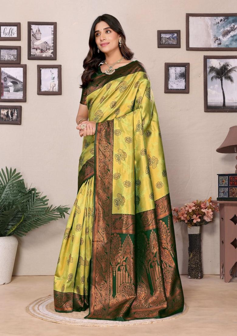 Light Green And Green Woven Silk Sarees - Indya