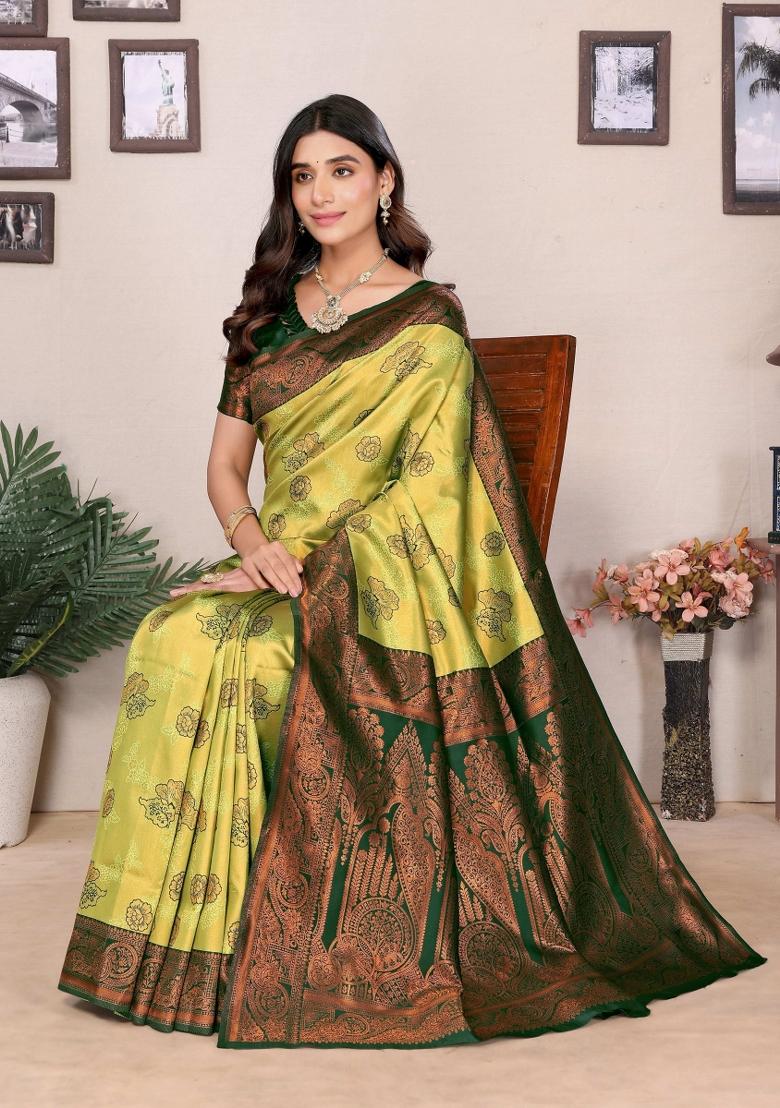 Light Green And Green Woven Silk Sarees - Indya