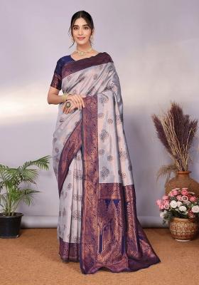 Grey And Dark Blue Woven Silk Sarees