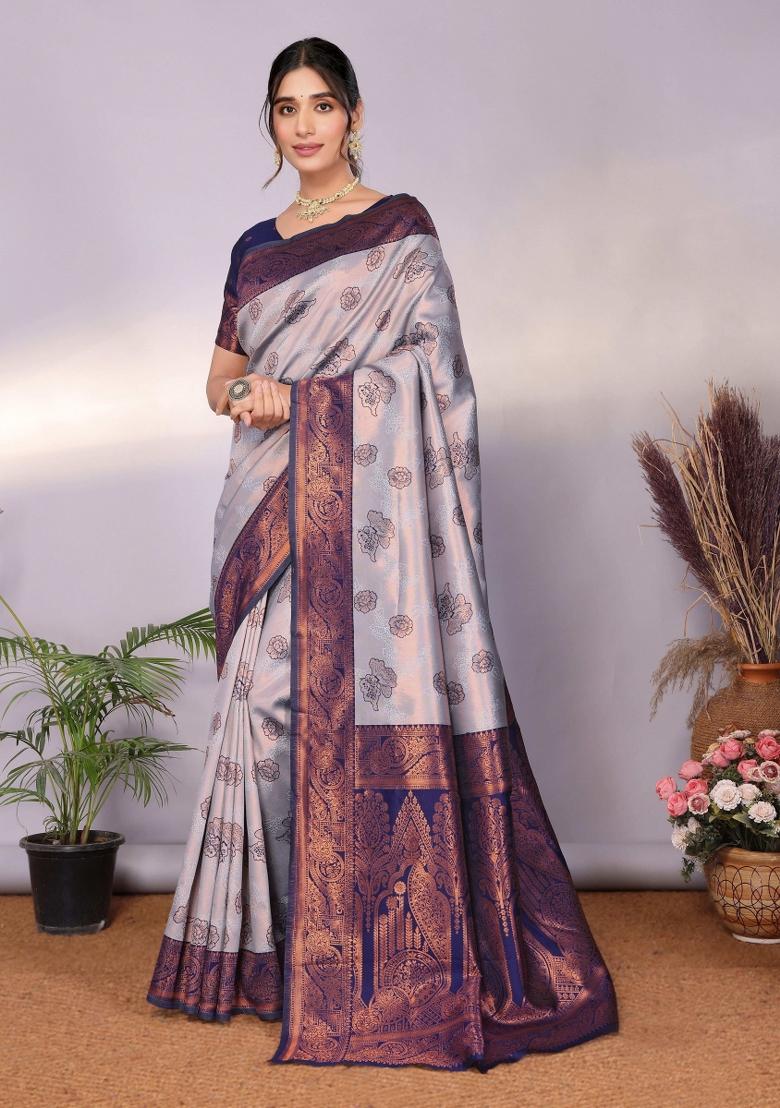 Grey And Dark Blue Woven Silk Sarees - Indya