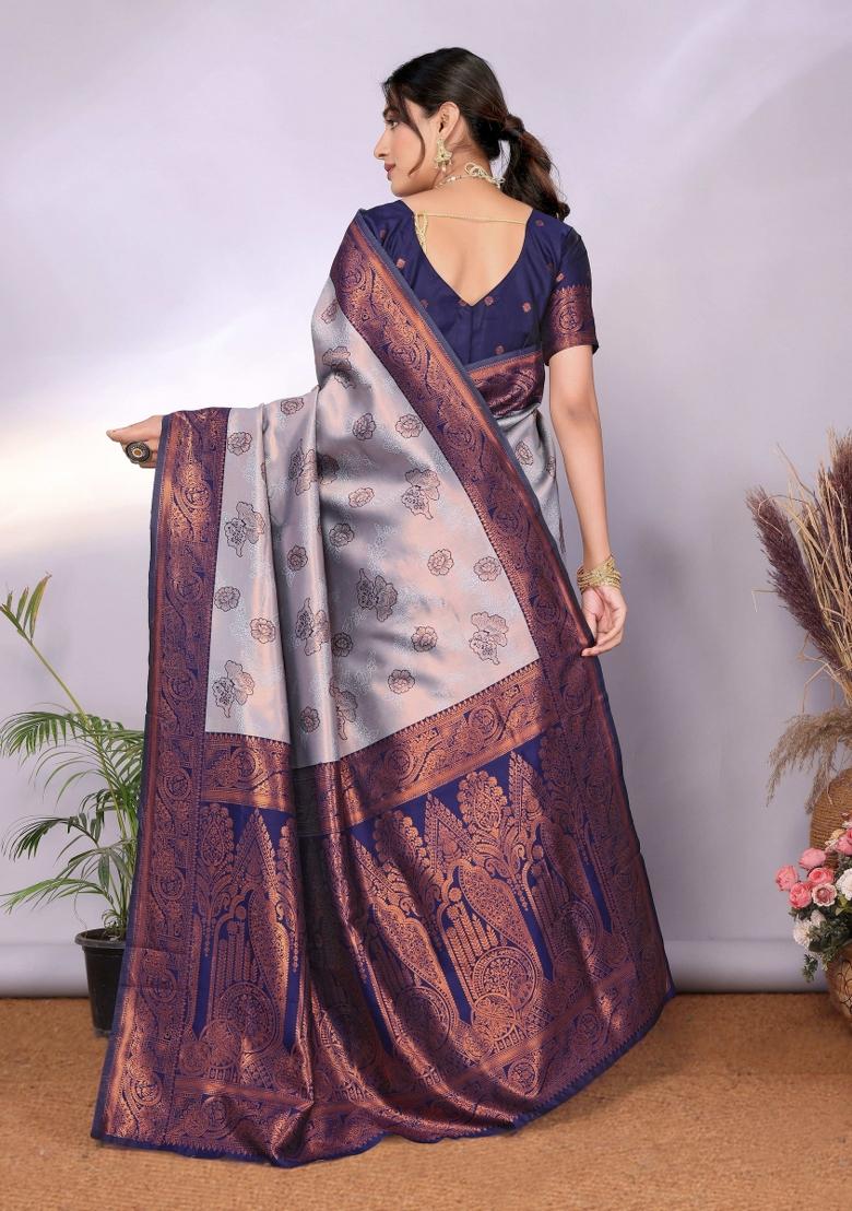 Grey And Dark Blue Woven Silk Sarees - Indya