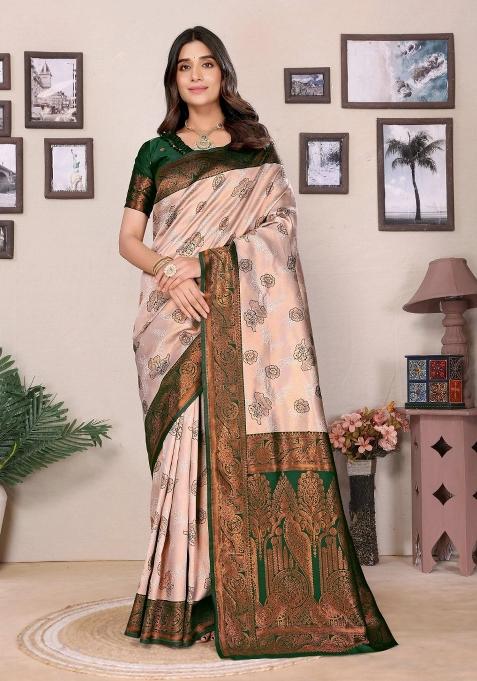 Cream And Green Woven Silk Sarees