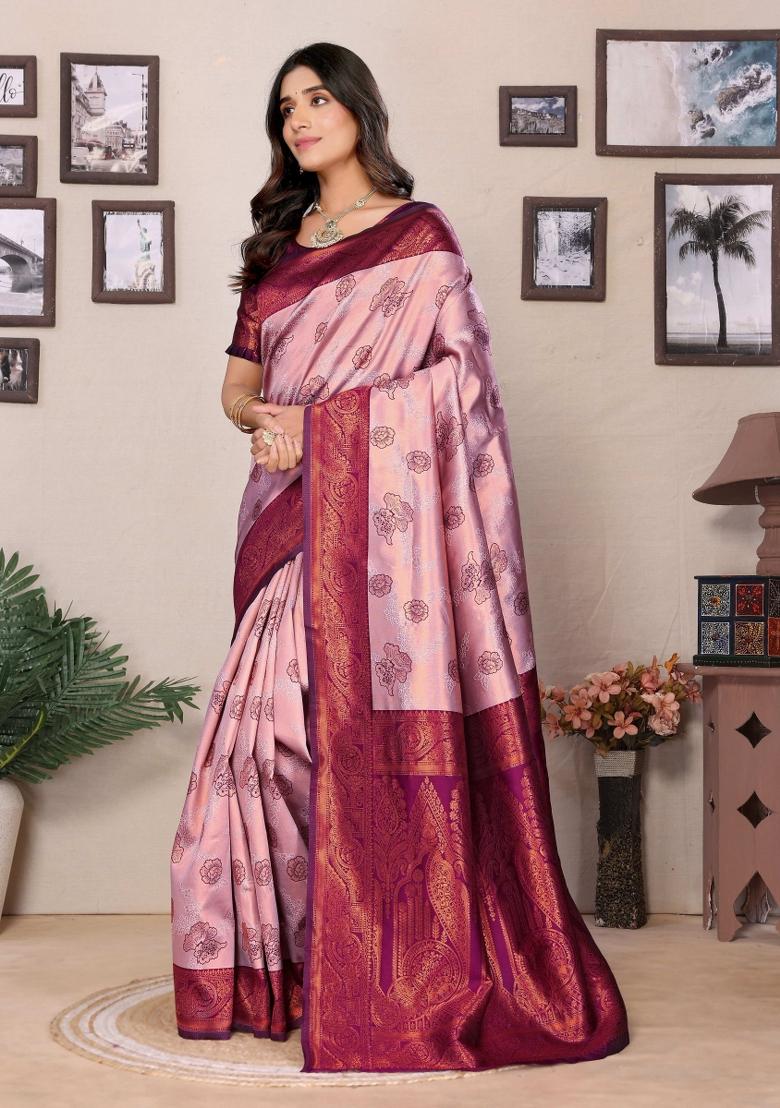Pink And Purple Woven Silk Sarees - Indya