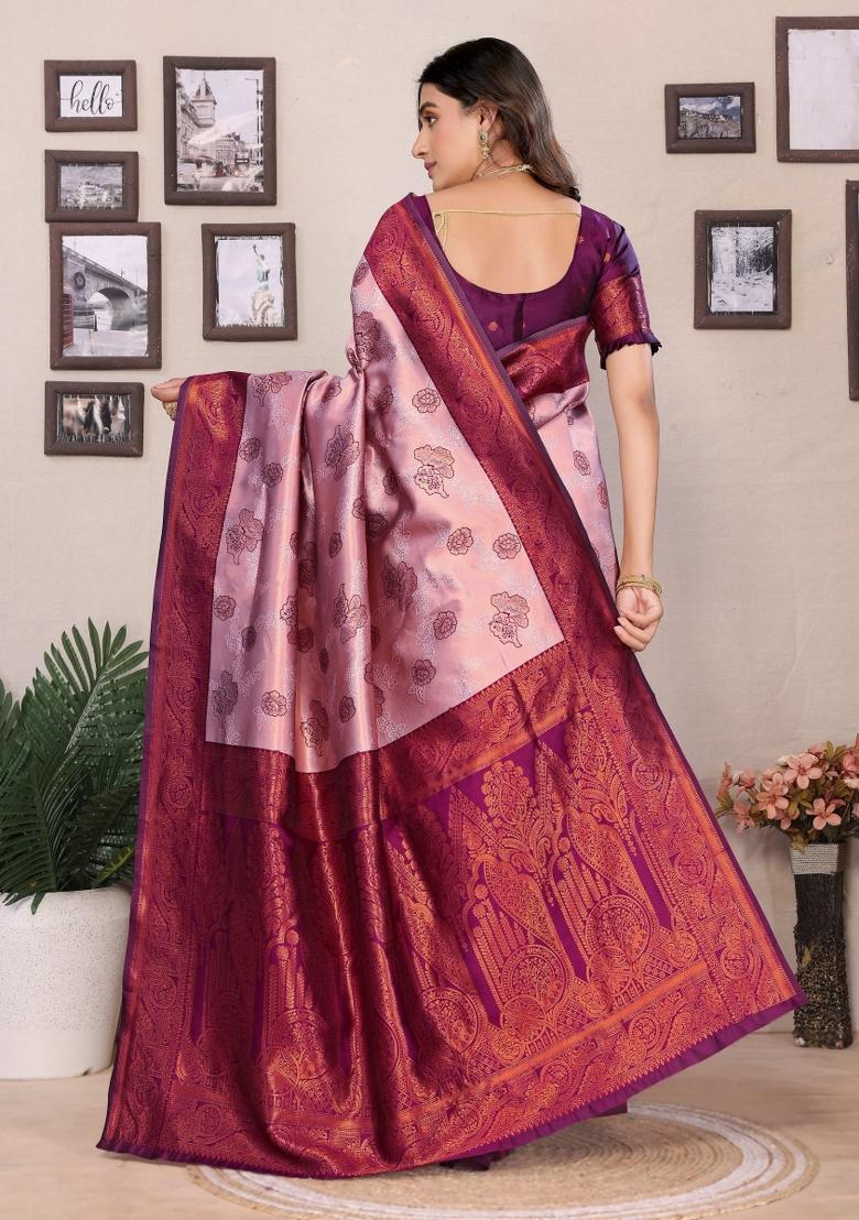 Pink And Purple Woven Silk Sarees - Indya